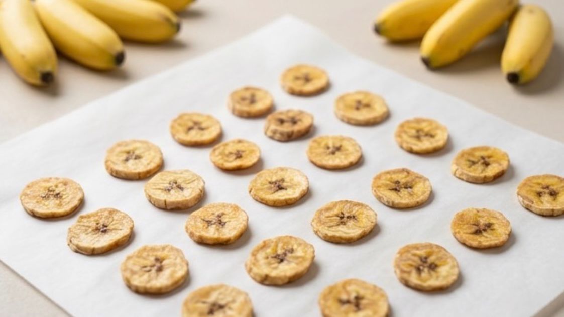 Sun-dried banana slices arranged on cream paper with fresh bananas softly in the background
