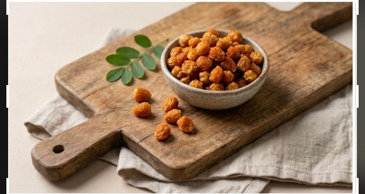 Bowl of sun-dried golden gooseberries on a rustic wooden board with a fresh green sprig
